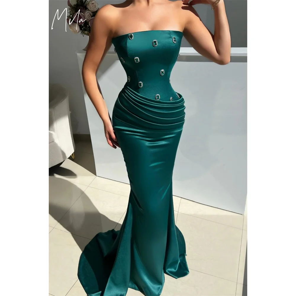 

Mila Strapless Customized Green Evening Dresses Sleeveless Mermaid Prom Dress 2025 Satin Floor-Length Wedding Party Formal Gowns