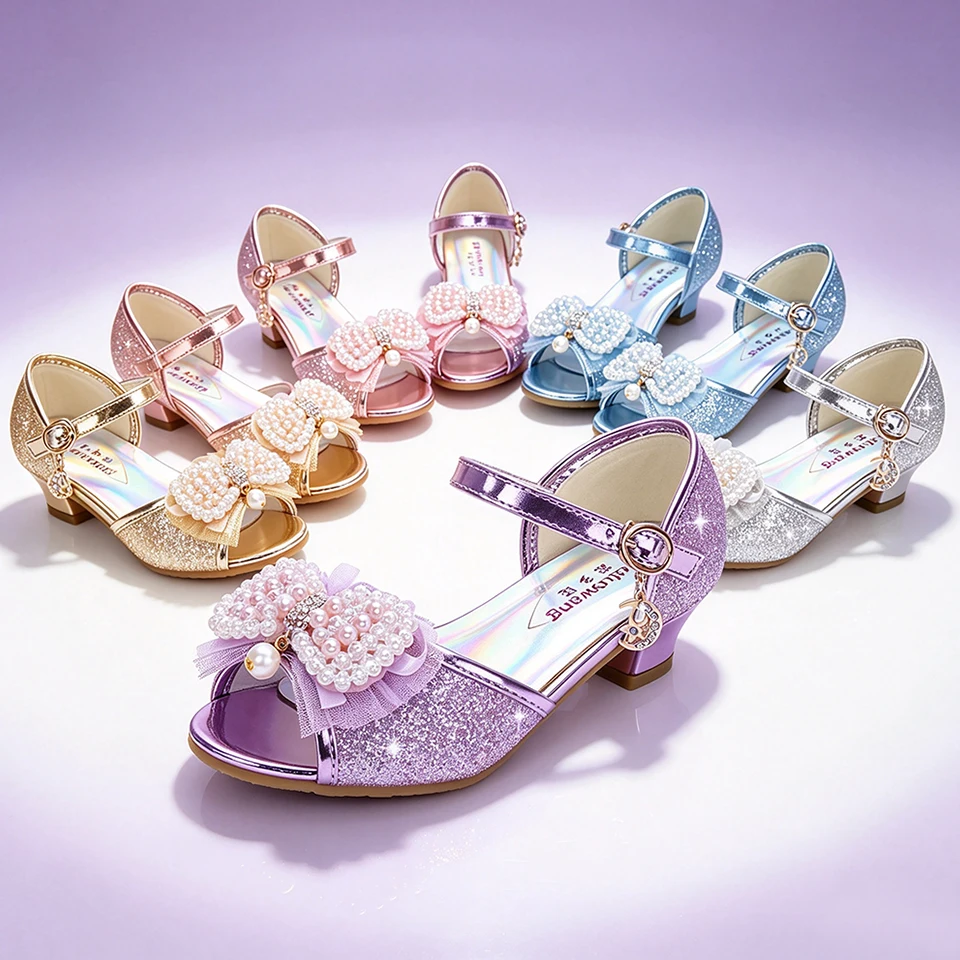 Fancy Girls Pearl Mesh Bow High Heels Shiny Princess Sandals Gorgeous Children's Pageant Birthday Party Wedding Bridesmaid Shoes