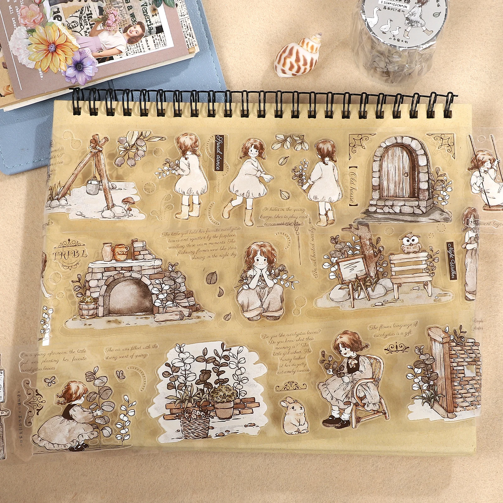 55mm*6m Vintage Cute Girl Town Flower Landscape PET Tape Creative DIY Journal Material Collage Scrapbooking Stationery