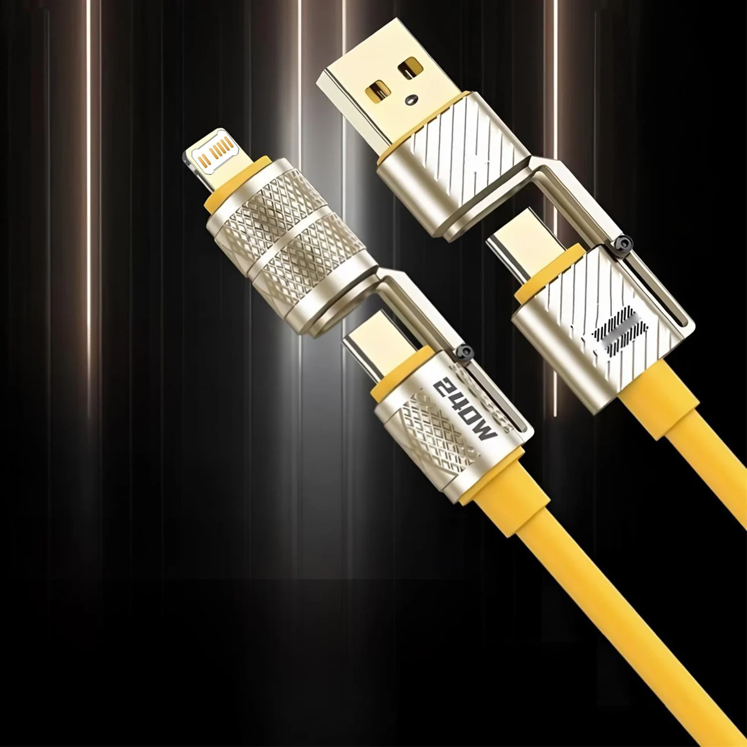 ​​Yellow Zinc Alloy USB-C to USB-A & Lightning Multi Charging Cable – Compatible with iPhone, Android & Tablets​