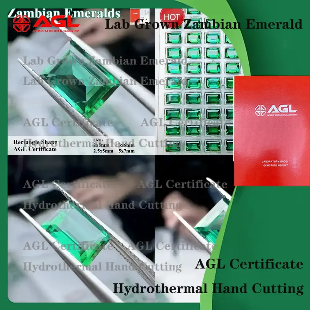 

Lab Grown Zambian Emeralds Rectangle Cut for DIY Jewelry Making Supplies Natural Inclusions Visible AGL Certified Lab Created