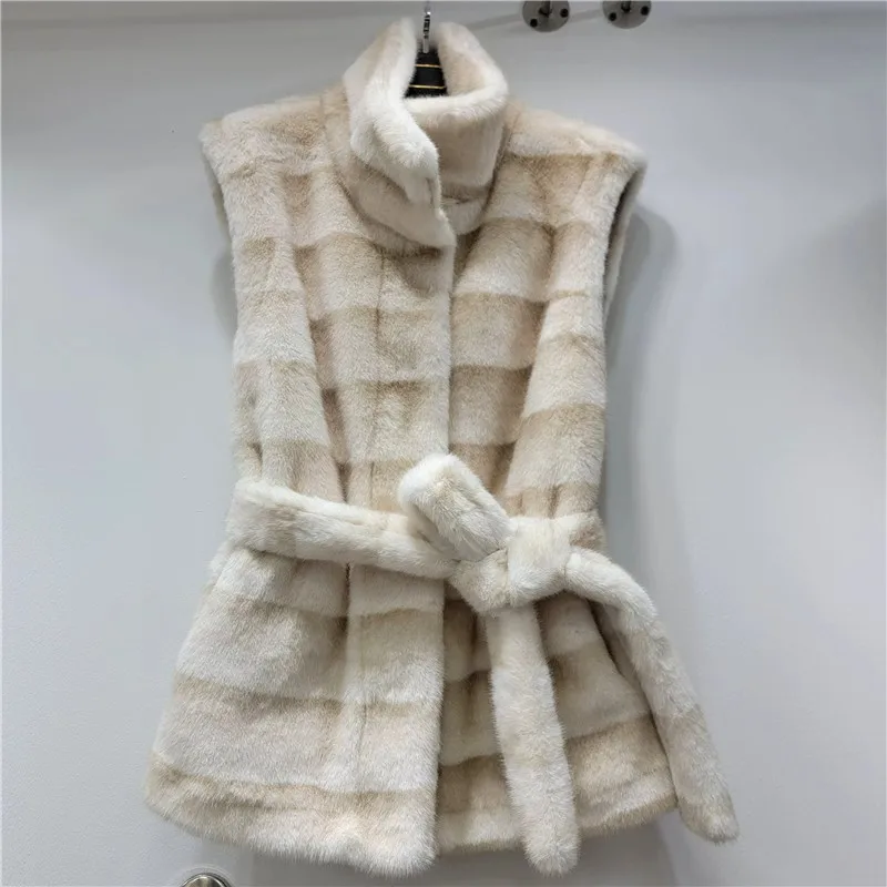 

Clothland женское элегантное меховое пальто с поясом и воротником-стойкой, жилет без рукавов, поясная женская верхняя одежда, куртка Mujer MA169