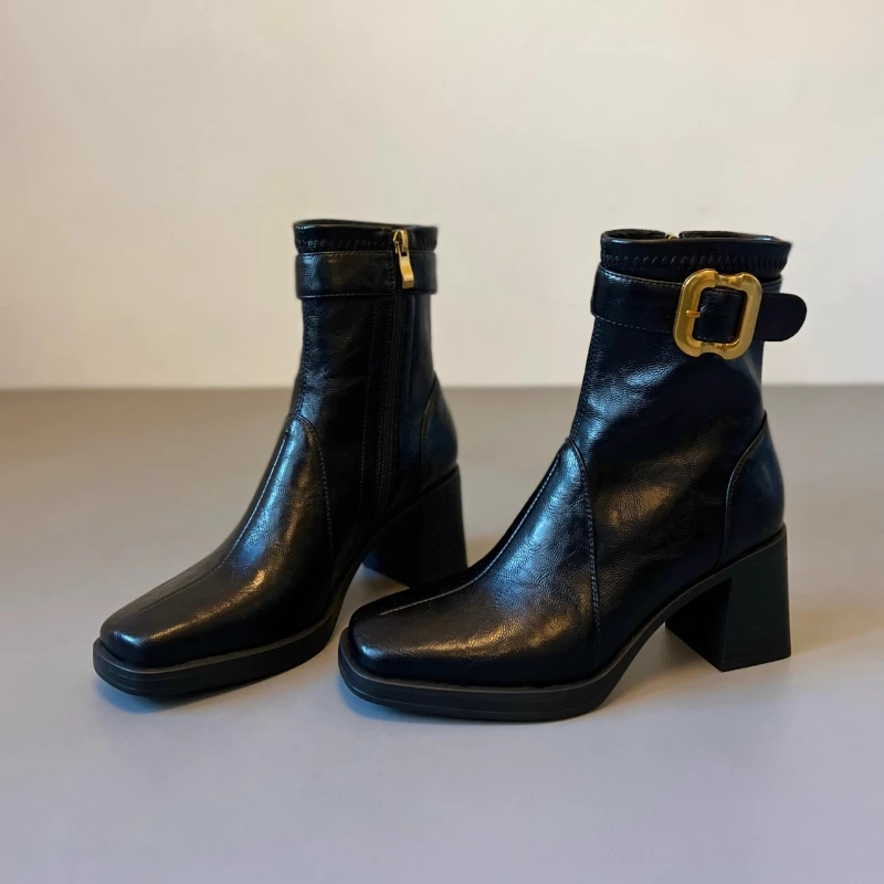 حذاء نسائي ذو نعل سميك وكعب سميك ومقدمة مربعة وسحاب جانبي مقاوم للماء، متعدد الاستخدامات ومضاد للانزلاق وجيد التهوية للكاحل #6