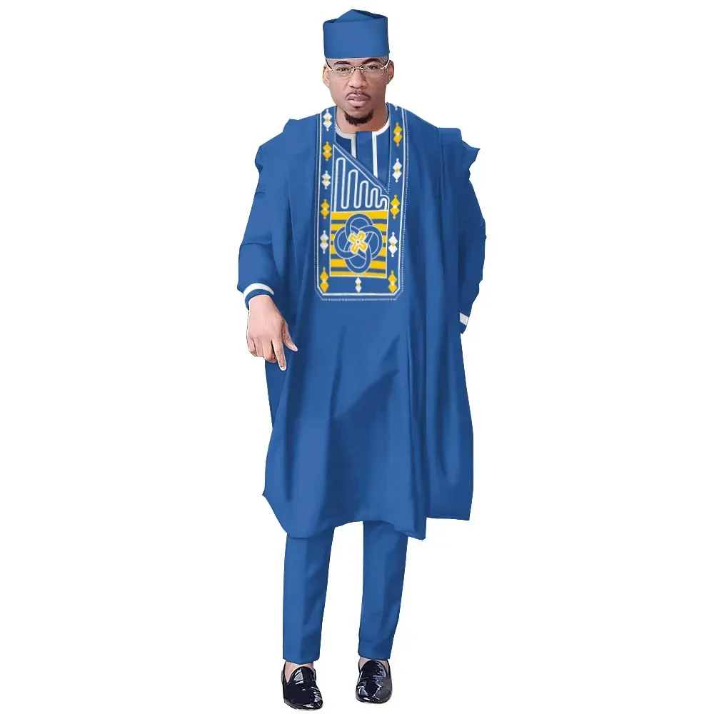 Traditional Boubou Shirt Pants with Hat 4 PCS Set Wedding Party Clothes African Bazin Riche Outfits Ankara Dashiki Men Agbada