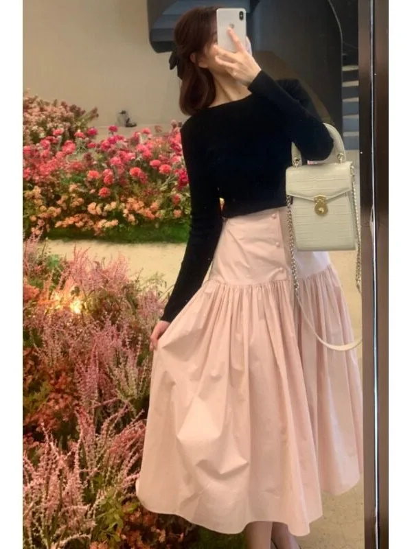 Elegant Spring New Style Long Sleeve Pure Color Shirt And High Waist  Skirt Set Women's Fashion Korean Style Outfit