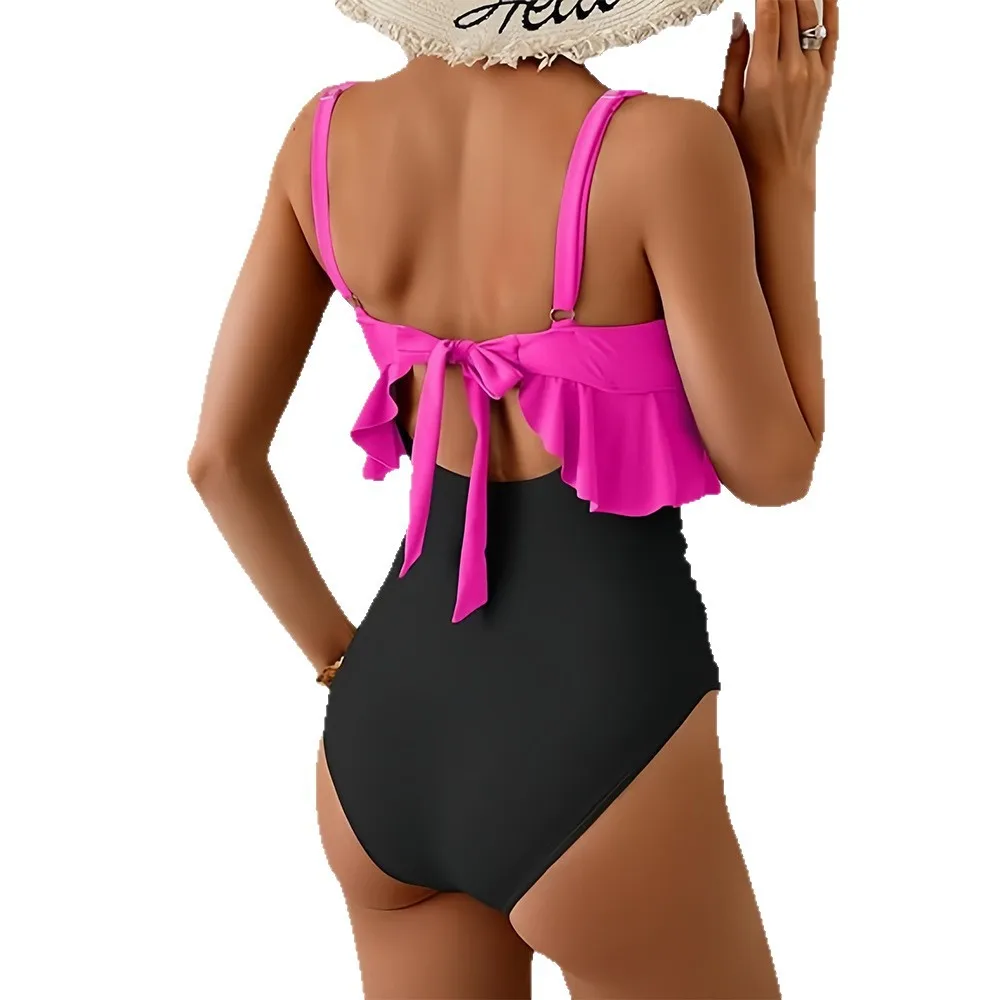 2026 Cut Out One Piece Swimsuit Color Block with Ruffles & Metal Ring Sexy Strappy Monokini Summer Holiday Bodysuit Swimsuit New