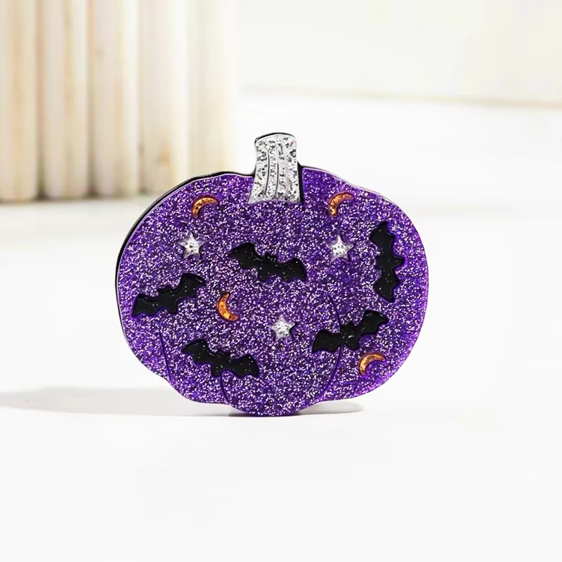 

Halloween Day Acrylic Glitter Purple Pumpkin Brooches for Women Bat Pattern Brooch Lapel Pins Clothing 2024 Trend Accessories