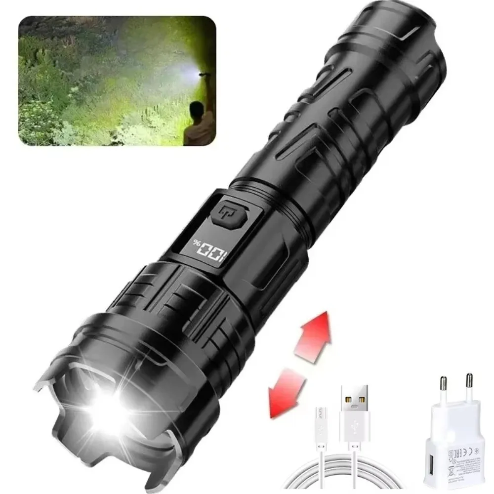 Rechargeable Super Bright LED Flashlight Portable Digital Display Outdoor Strong Light Flashlight Telescopic Sliding Zoom