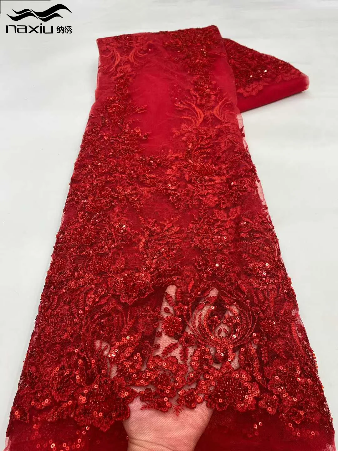 

Красная африканская кружевная ткань Madison с блестками, роскошная вышивка, сетка из бисера, кружево 2025 года, горячая распродажа для свадебного платья и женской одежды