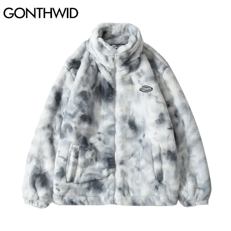 

Hip Hop Winter Faux Fur Fleece Jacket Streetwear Men Harajuku Tie Dye Heart Fuzzy Jackets Warm Coats 2024 Casual Zipper Coats