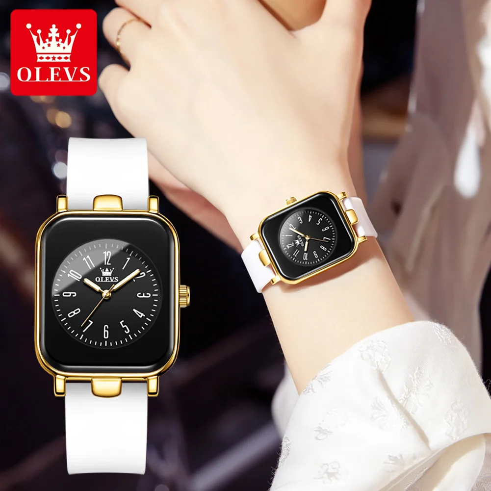 OLEVS Women's Watches Quartz Watch for women White Silicone Strap Simply Square Dial Wristwatch Waterproof 9961