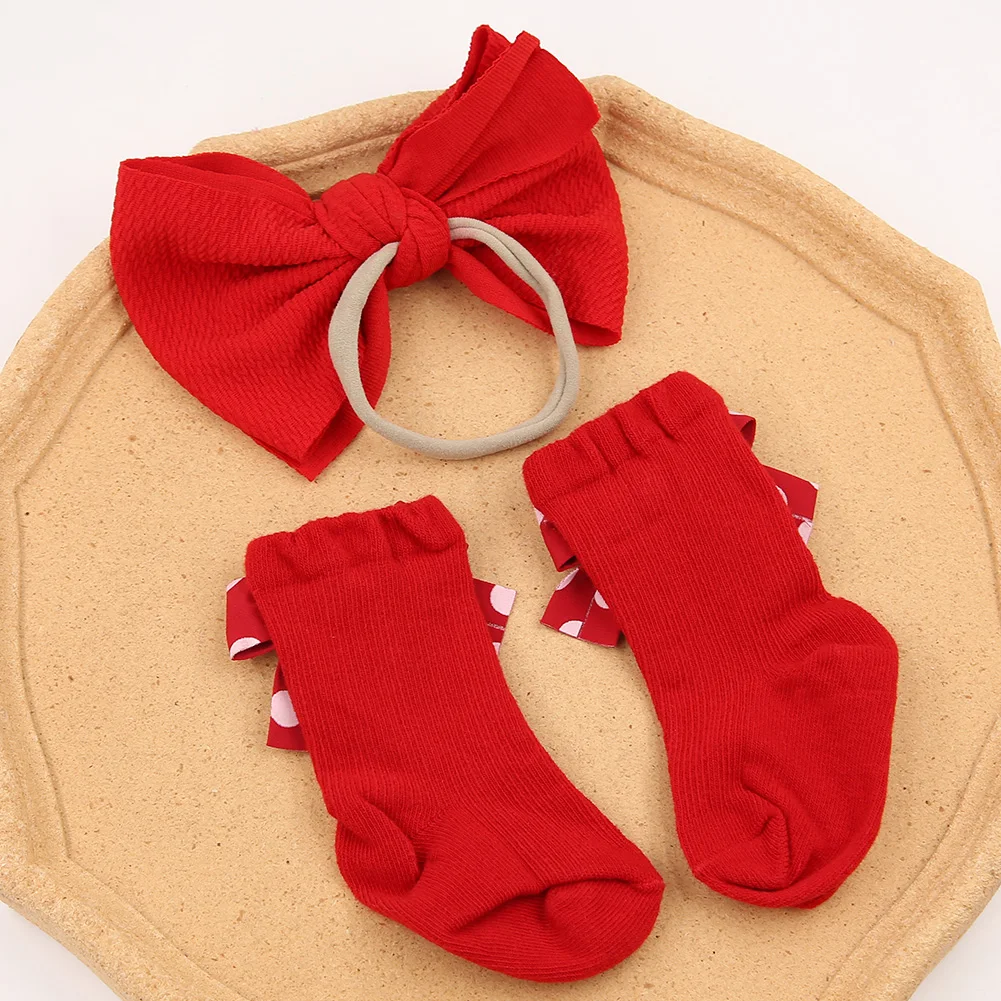 3Pcs/Set Christmas Red Bow Baby Headbands Long Knee Socks Dot Plaid Heart Print Bow 0-12M Sock Velvet Bullet Nylon New Year Gift