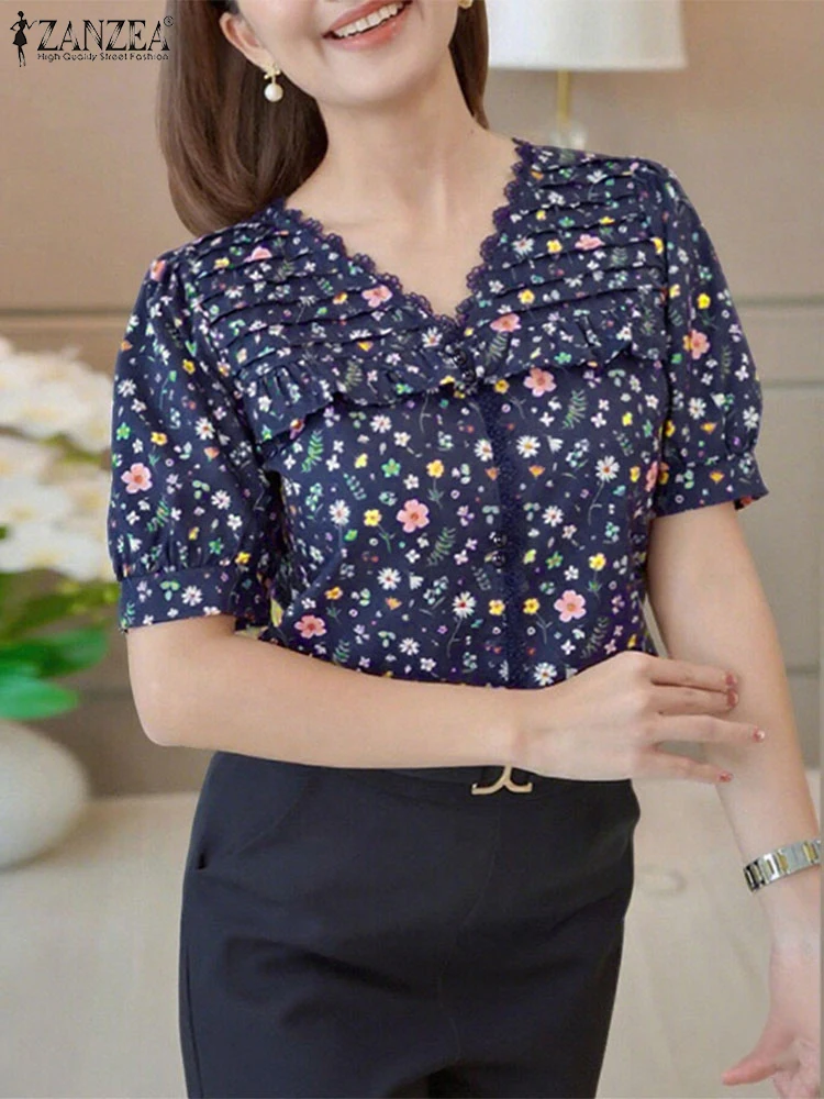 

ZANZEA 2022, винтажные женские рубашки с цветочным принтом, летние топы, модные повседневные свободные туники с короткими рукавами и кружевными пуговицами, богемные блузки