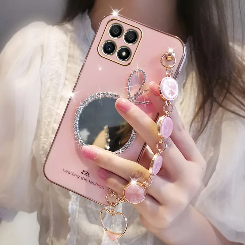 Glitter Rabbit Ear Mirror Case For Moto G82 G52 G60 G50 G30 G20 G22 E20 G8 G9 Power Round Shellfish Bracelet Silicone Cover