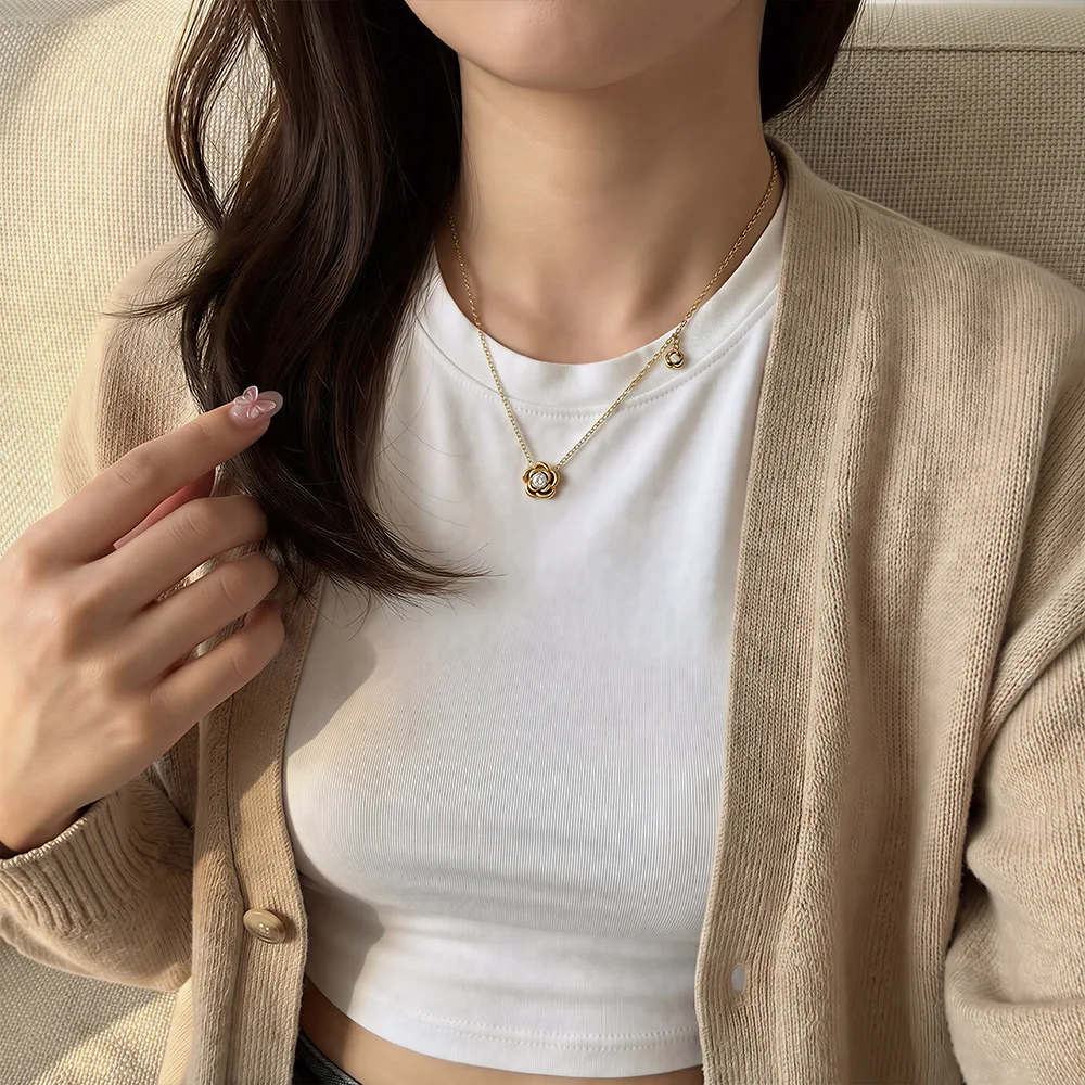 316L Stainless Steel New Fashion Jewelry Japanese-Style Embed Zircon Rose Flower Colorfast Women Charm Chain Choker Necklaces