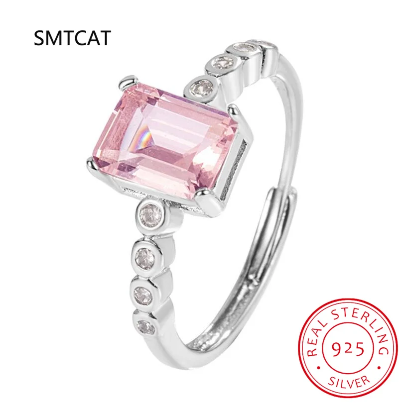 

Emerald Cut Created Pink Sapphire 925 Sterling Silver Geometric Rectangle Ring for Women Bubble Gemstone Jewelry Wedding Gift