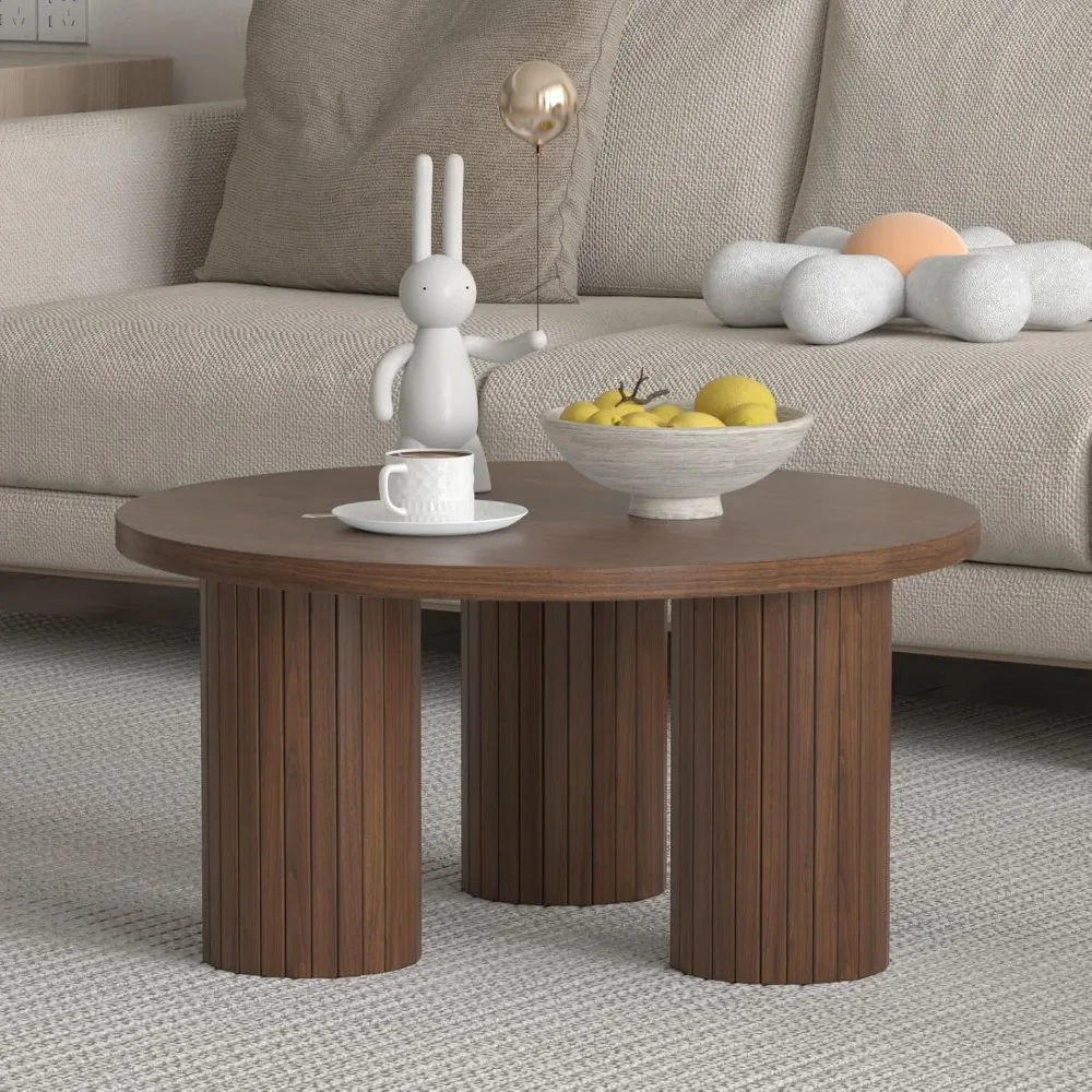 Table basse ronde de 31,5 pouces, table de salon ronde en bois avec trois pieds cannelés, table basse moderne du milieu du siècle, adaptée