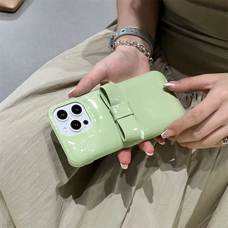 Candy Color Cute Bowknot Phone Case For iPhone 16 Pro 14 15 13 Pro Max Back Cover Korean Lovely Shockproof Cases 15Pro Max Funda