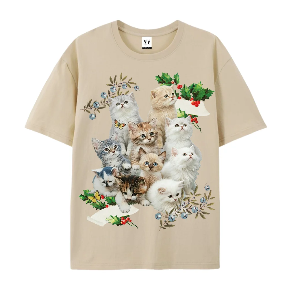 Vintage Cute Kittens Graphic Shirt Casual Short Sleeve Tee Retro Floral Holly Berry Butterfly Cat Print  Cat Lover Good Gift