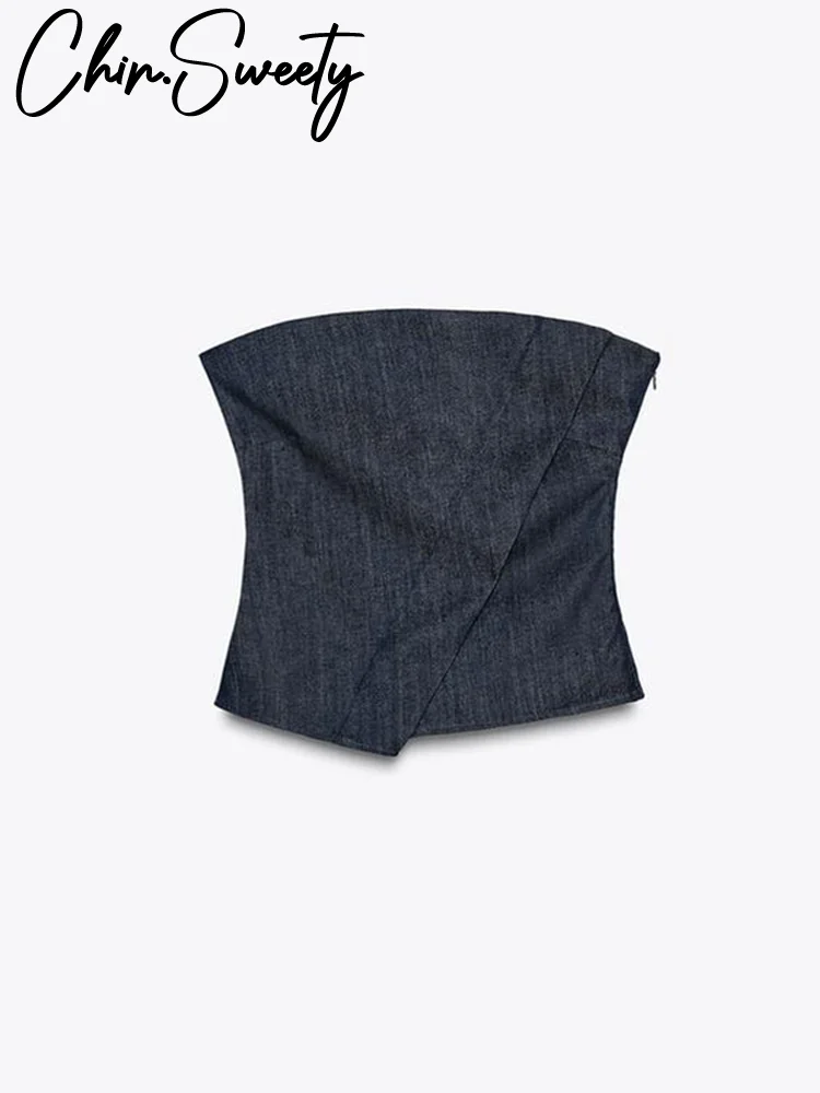 

Уличные джинсовые комплекты из сращенного топа и брюк, женские топы без рукавов с открытой спиной, широкие брюки, лето 2025 г., женские модные джинсовые наряды