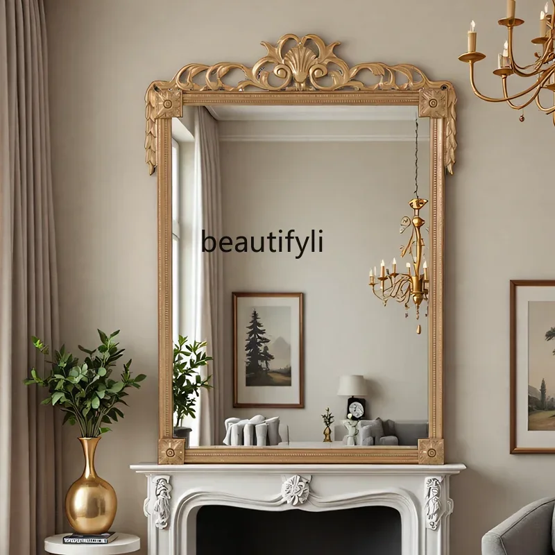 

French retro style carved dresser cosmetic mirror European style, American style living room entrance decorative mirror6239