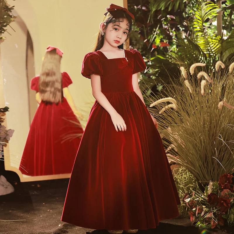 YZYmanualroom Girls high-end red flannelette Junior Bridesmaid dress Beauty Pageant dress Flower girl dress/can be customized
