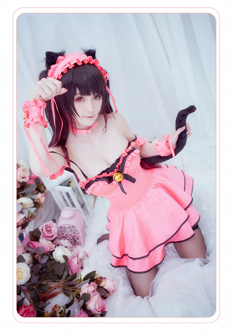 Novo anime data um ao vivo tokisaki kurumi cosplay traje sexy rosa gato traje feminino bonito vestido lingerie halloween carnaval terno