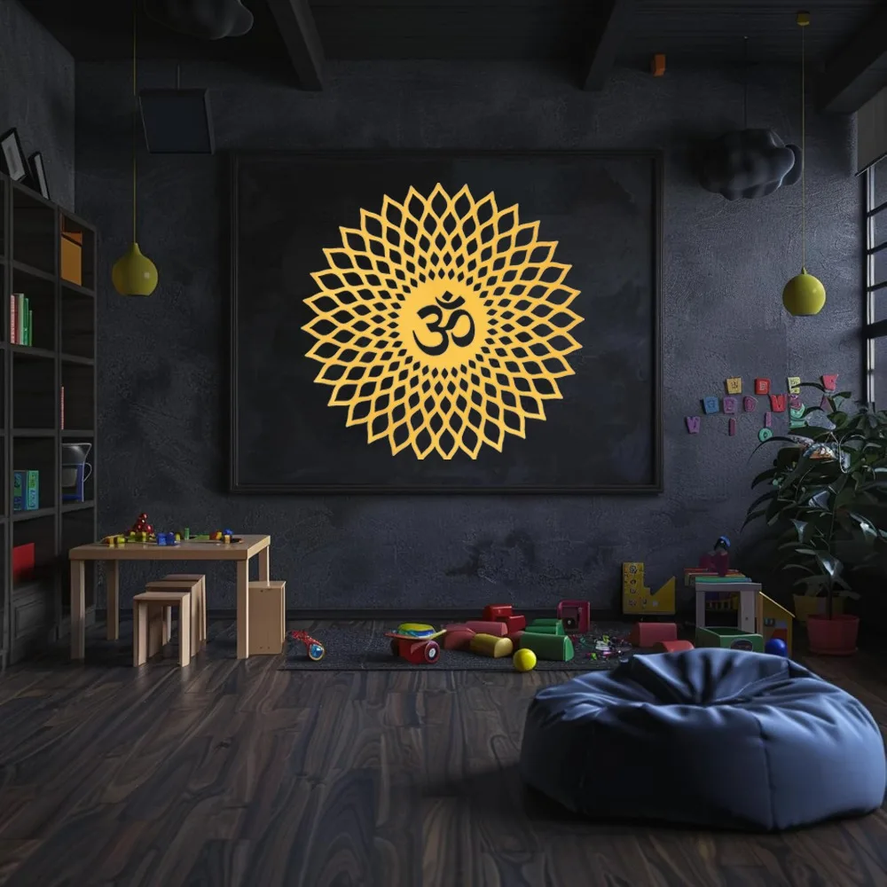 Sculpture murale en métal doré radiant "Aum" de 20 po | Mandala sacré pour les espaces Zen/spirituels | Cadeau d'Halloween et de Noël