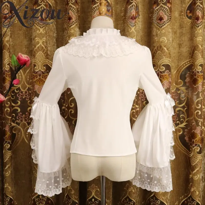 Blusa de encaje de Lolita de manga larga de gasa interior de Color puro de Color sólido con mangas Bell Ji, camisa de mujer, blusas ajustadas