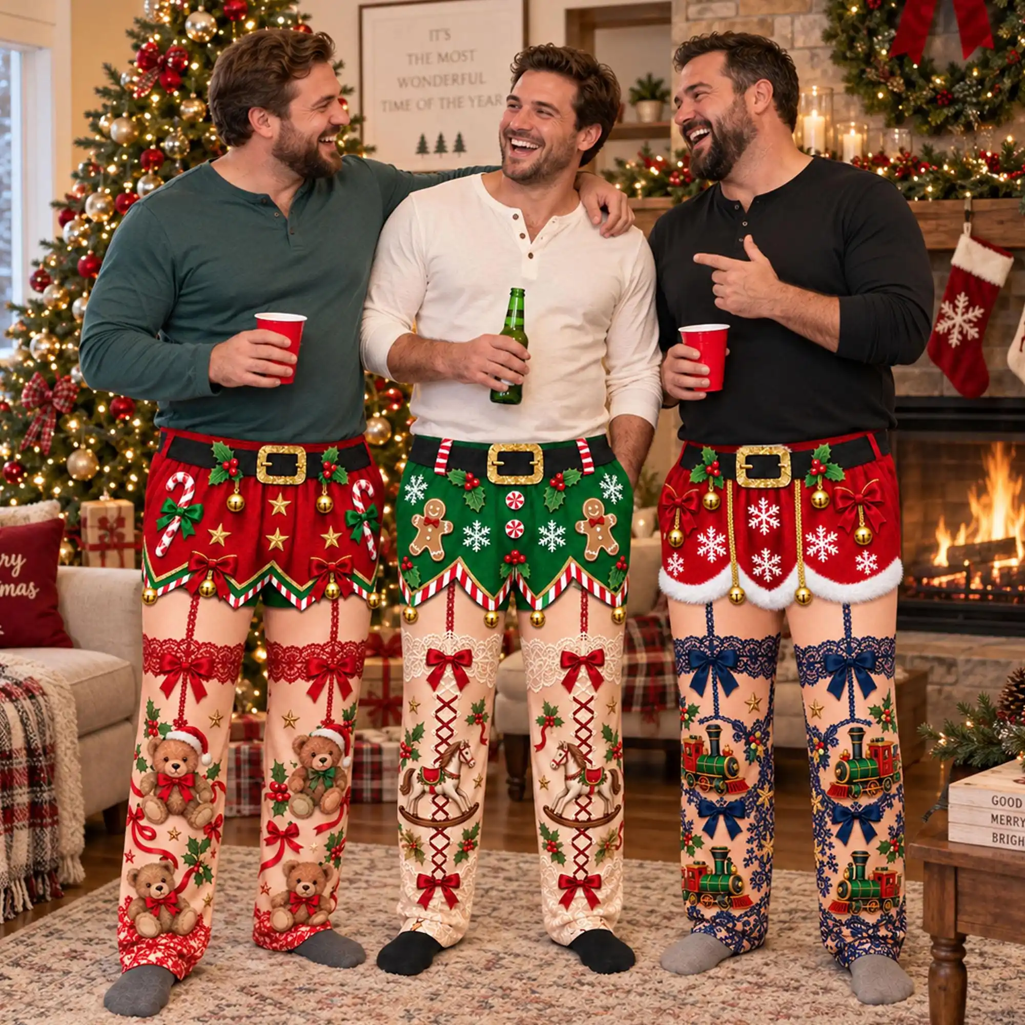Men's Personalized Christmas Pajamas with Fashionable Printed Soft Holiday Pajamas and Fun Gingerbread Printed Pants
