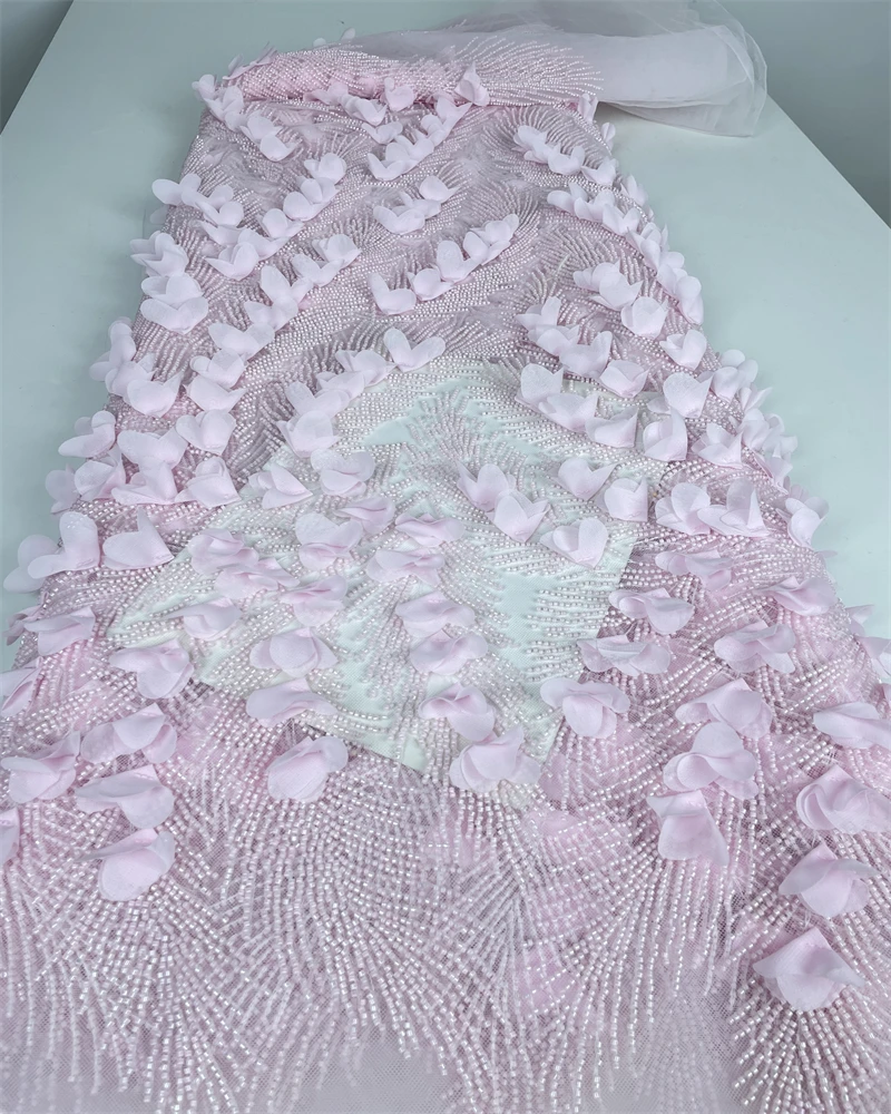 

African Tissue Lace Fabric 5 Yards Nigerian French 3D Flower Design with Sequins for Wedding Party Dresses And Clothing