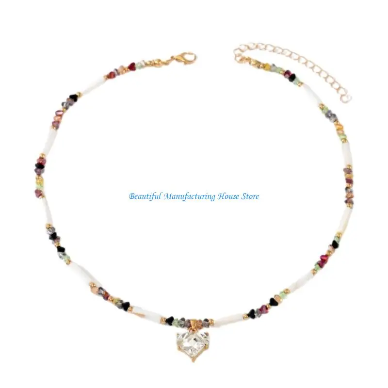 

E56A Lightweight Fashionable Irregular Pearls Chain Necklace With Heart Charm For Girls Women Casual Party Jewelry