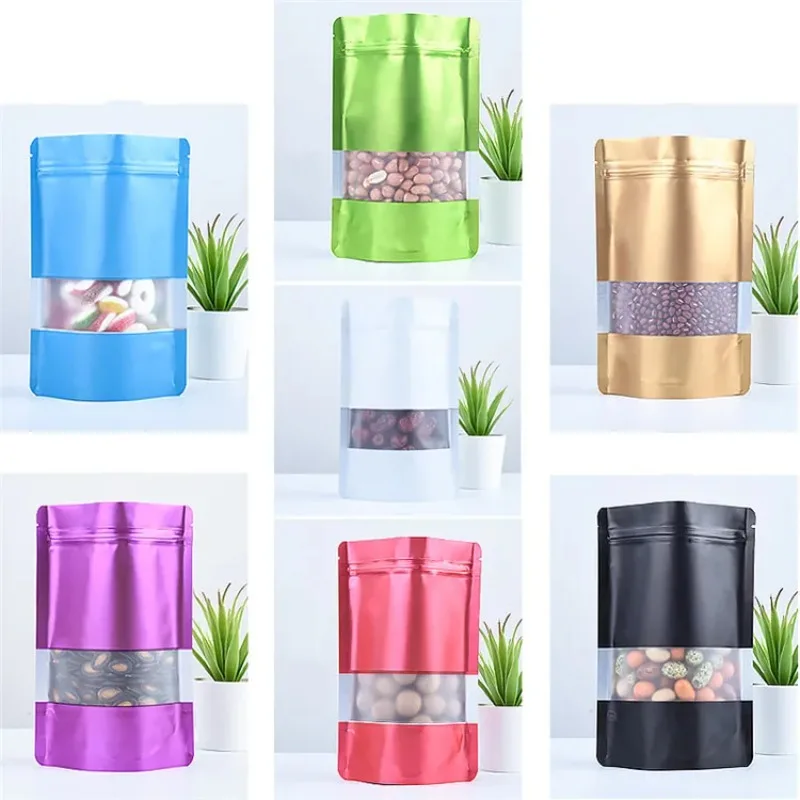 

100PCS Multi-Col Stand up Matte Al Foil Window Ziplock Bag Resealable Snack Beads Cereals Spice Sugar Candy Tea Storage Pouches