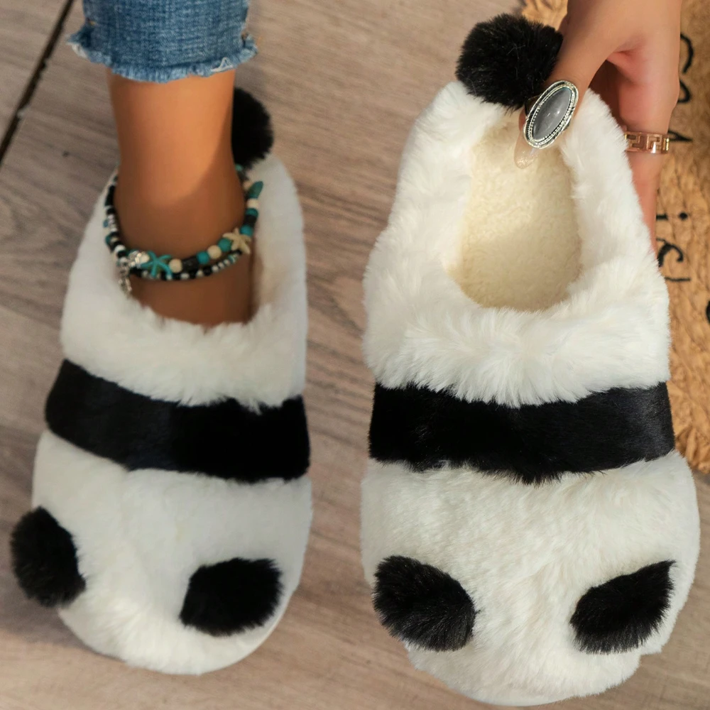 Women's Autumn Winter Indoor Cute Cartoon Panda Plush Anti-slip Fashionable Casual Warm Slippers Home Shoes