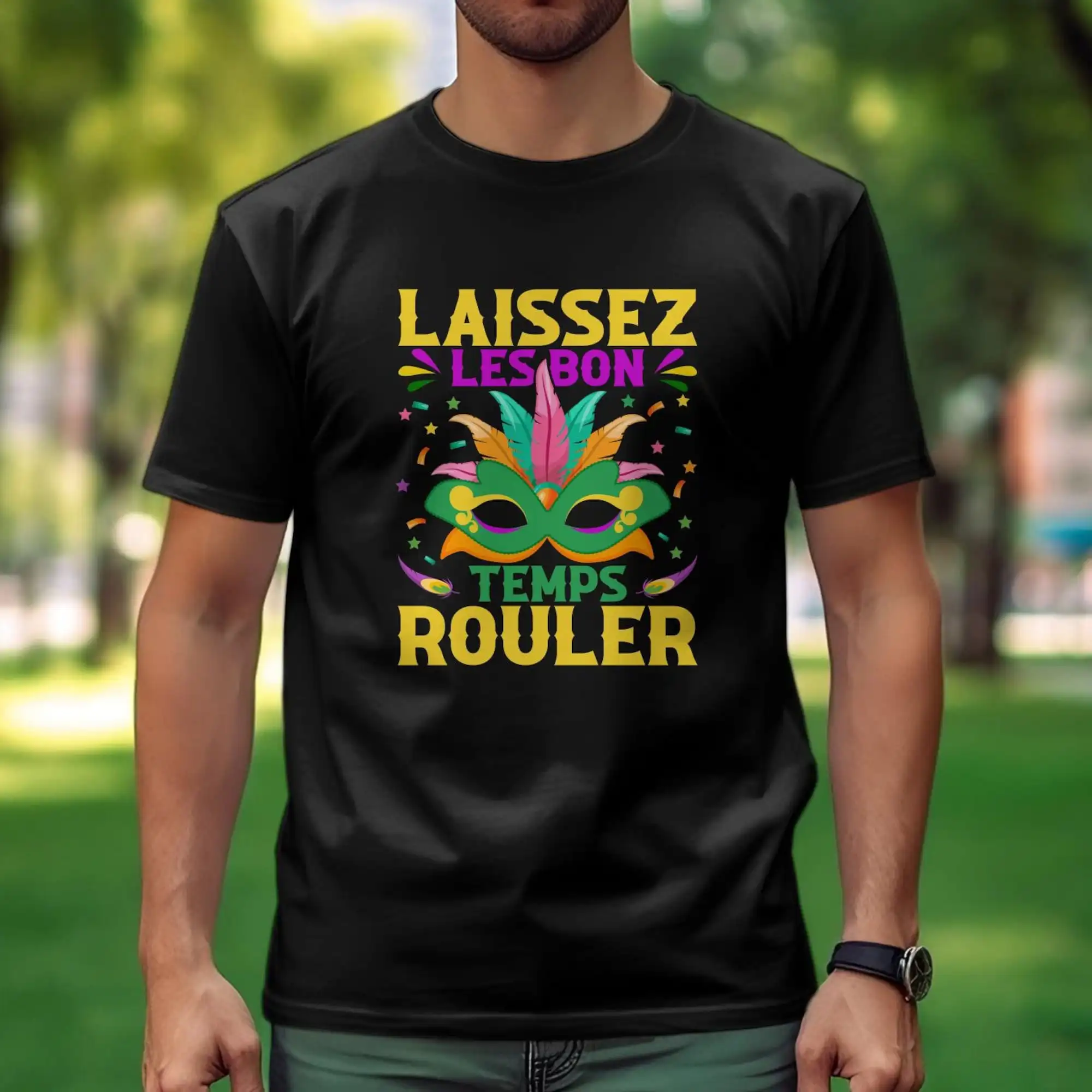 Mardi Gras T Shirt Laissez Les Bons Temps Rouler Colorful Feather Mask Festive Carnival Celebration Top Party Parade