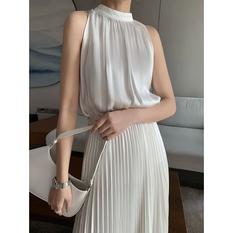 Maxmay Women's Summer Neck Hanging Vest Sleeveless Slim Shoulder Satin Surface Outerwear Beautiful Top Loose Fit Casual Wear