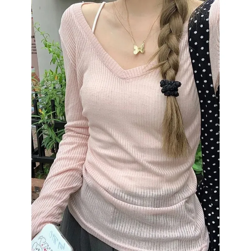 

Женская однотонная футболка с v-образным вырезом в рубчик, тонкий эластичный базовый топ с длинными рукавами, осенняя повседневная футболка, прозрачные футболки