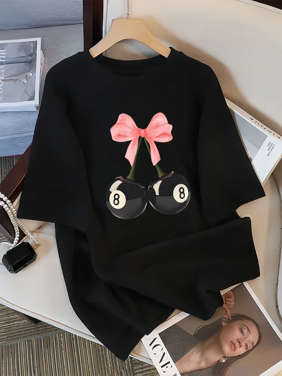 Pink Bow Black Billiards 8 Cherry Pattern Women's T-shirt Summer Fashion T-shirt Round Neck Top Soft Loose Short Sleeve Women