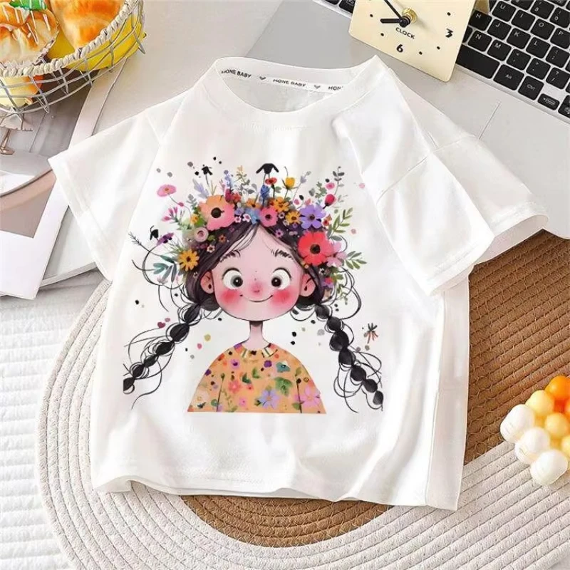 

2026 Summer Children's T-shirt Flower Fairy Hand Drawn Printed Parent Child Clothing Pure Cotton Casual Boys and Girls' Top