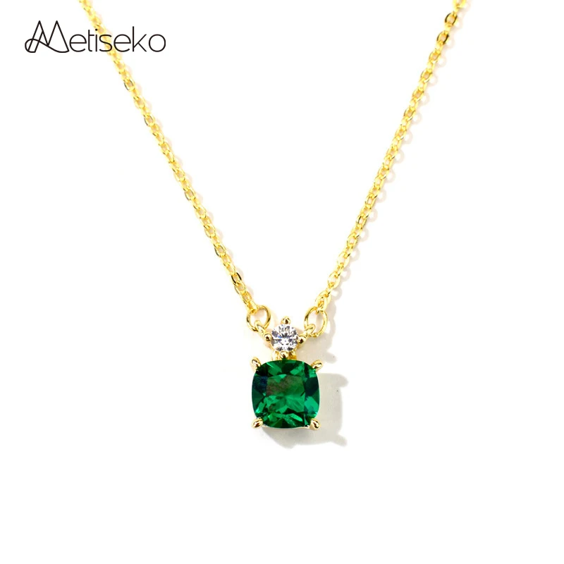 

Metiseko Sterling Silver 925 Emerald Color Square Cubic Zircon Pendant Chocker Necklace Elegant for Women Party