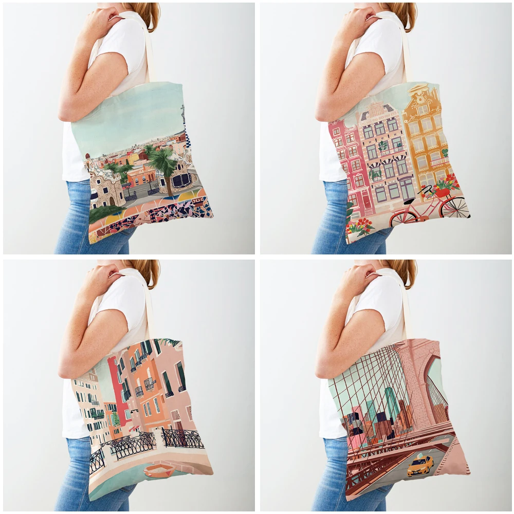 Fashion City Map London Paris Shopper Bags Tote Lady Handbag Double Print Reusable Foldable Casual Canvas Women Shopping Bag