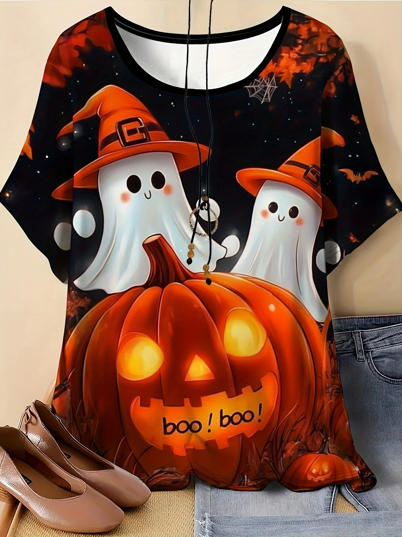 Women Halloween Short Sleeve Top Cute Ghost Witch Hat Pumpkin Boo Print Casual Crewneck Tee