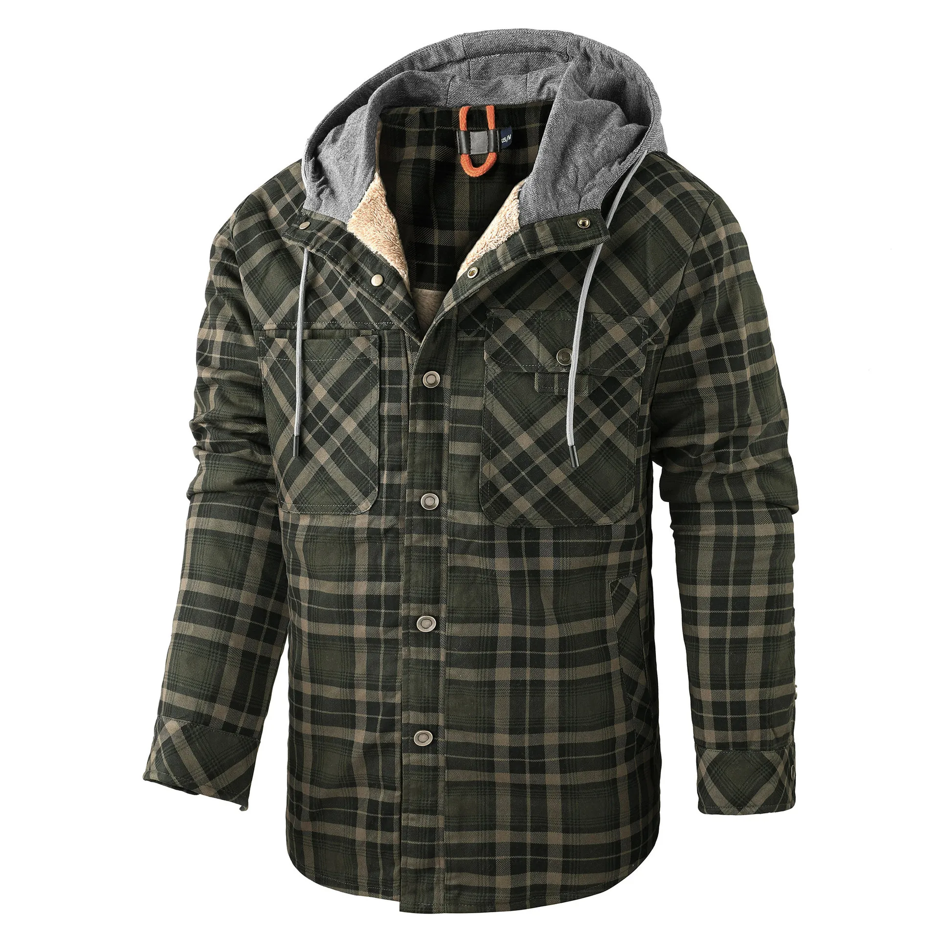 2024US men's long sleeved plus plush thick hooded checkered shirt for autumn and winter plus men's top cotton jacket