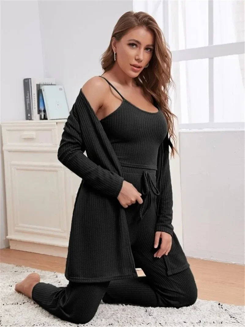 

CPSYMYM 3Piece Women Sets Sling Tops + Pants Robe Pajamas Lounge Homewear Pyjama Pour Femme Autumn Winter Casual Three Piece Se