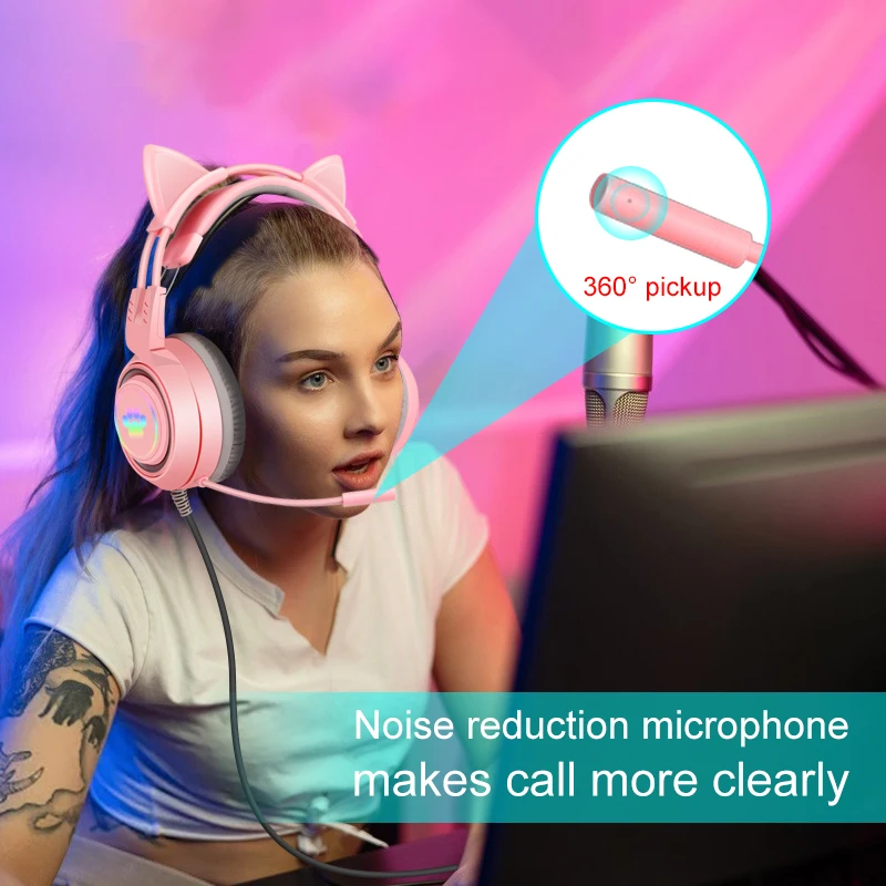 QearFun HiFi ستيريو الكمبيوتر سماعة ألعاب الفتيات الوردي القط سماعات مع ميكروفون RGB ضوء ل PS4 المحمول الهاتف السلكية سماعة