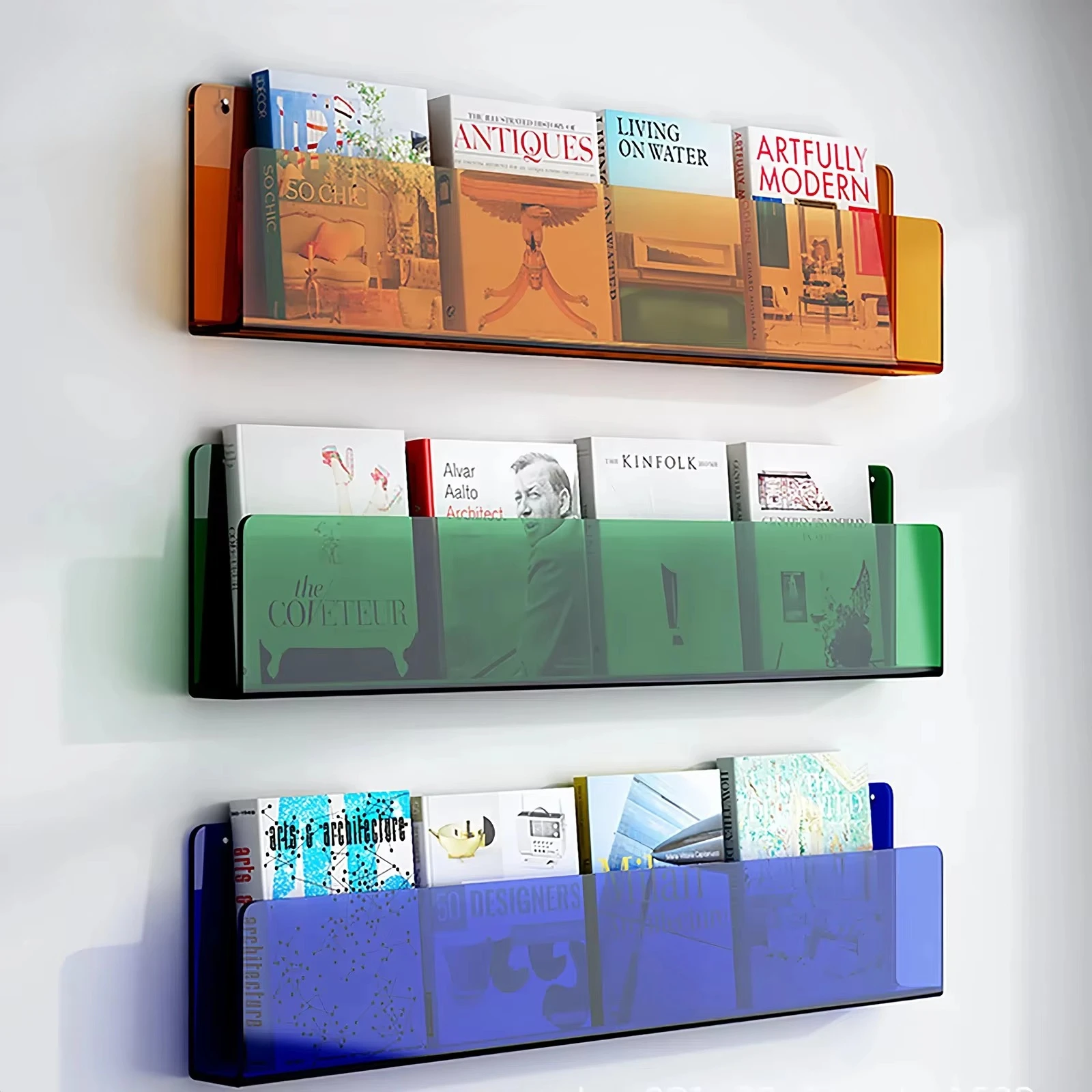 10pcs Blue Orange Green Acrylic Bookshelf, Wall-mounted Magazine Storage Rack, Acrylic Wall Shelves for Book Display