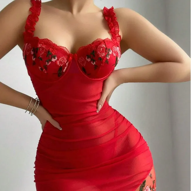 

2025 Spring Sexy Sheer Solid Color Dress New Strap Off-Shoulder Flower Embroidery Wrap Hip Mesh Dress Transparent Charming 2HDL