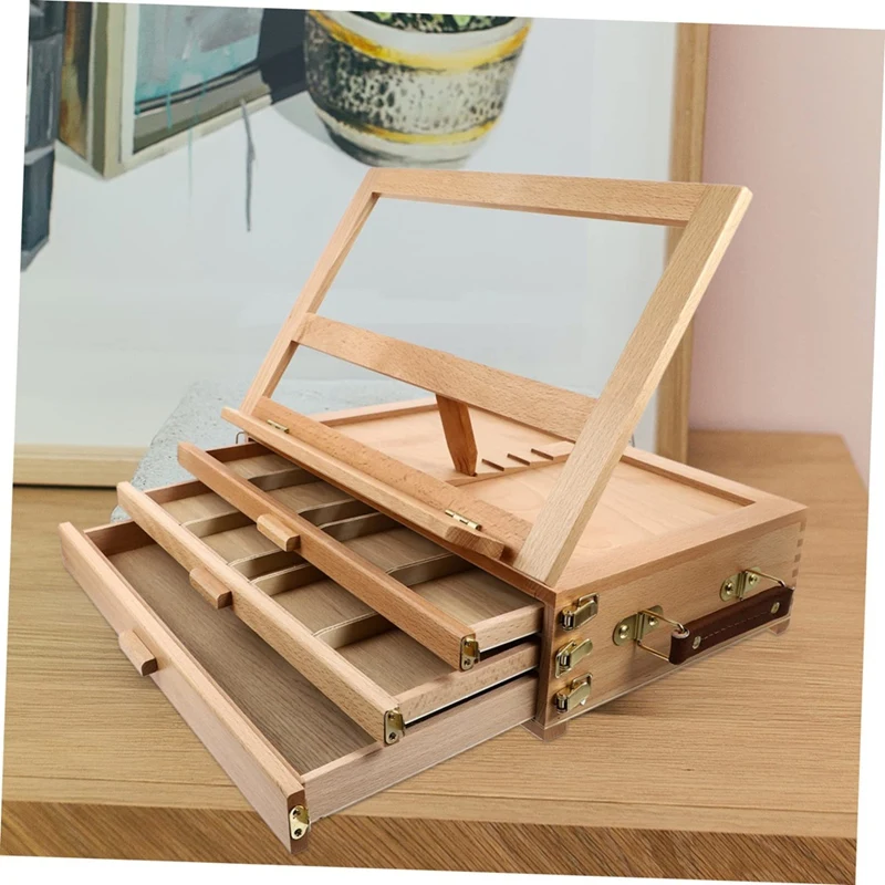 Wood Desk Table Easel - Handcrafted Beechwood Desktop Easel & Wooden Art Tabletop Box For Drawing, Painting For Storage