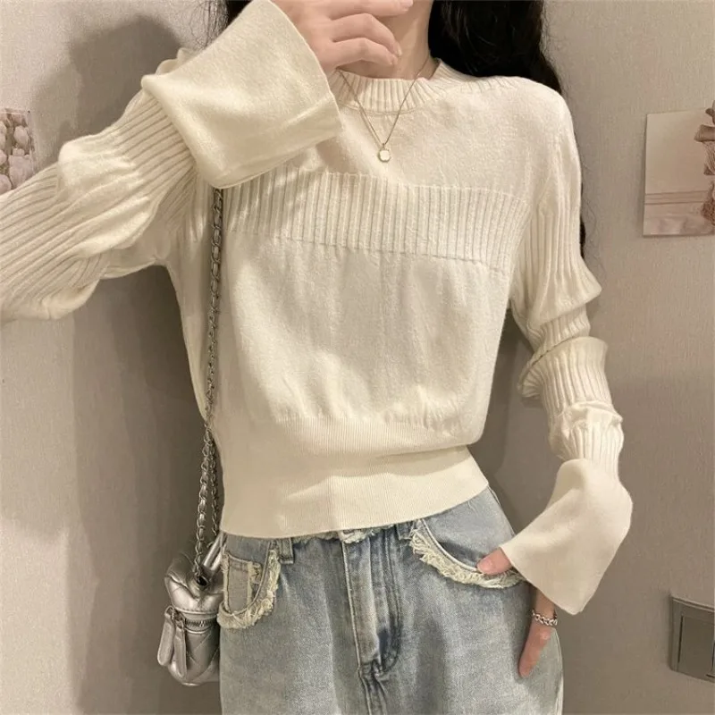 Pullovers Women Flare Sleeve Design Fashion High Street Inside Solid Cozy Spring Fall Leisure Femme All-match Temperament Knit