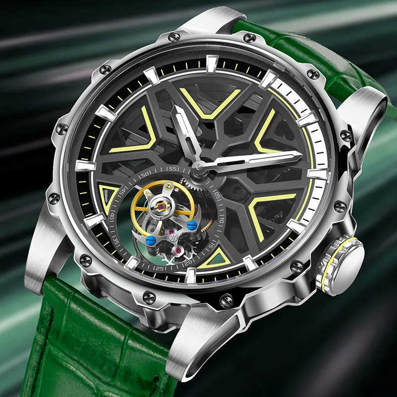 

HAEMMER Men's Watch Automatic Mechanical Watch Tourbillon Movement Leather Waterproof Watch Men's Military Watch Men